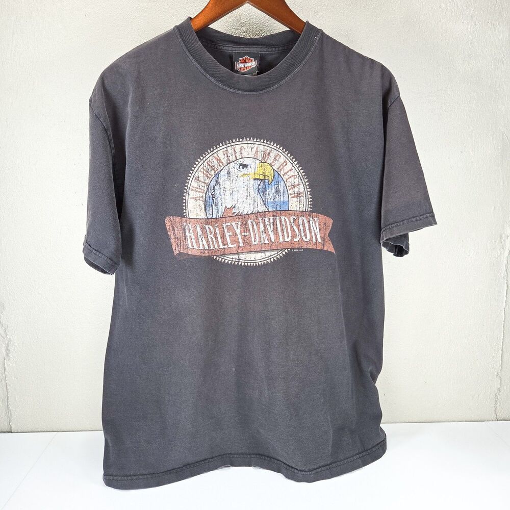 Vintage 2006 Harley Davidson Utica New York Eagle Circle Logo Y2K Tee Sz L